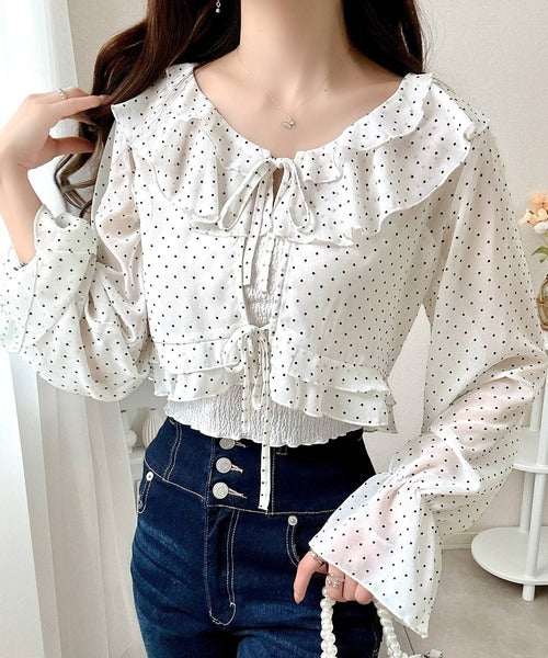 【mily bilet】透け感シフォンが軽やかに映える◎ドットシャイニーシアーリボンブラウス mi1359023