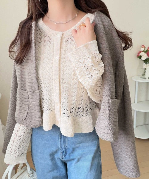 【mily bilet】ペプラムシルエットで軽やかにスタイルアップ♪前後2way透かし編みフリルカーディガン mi1029179