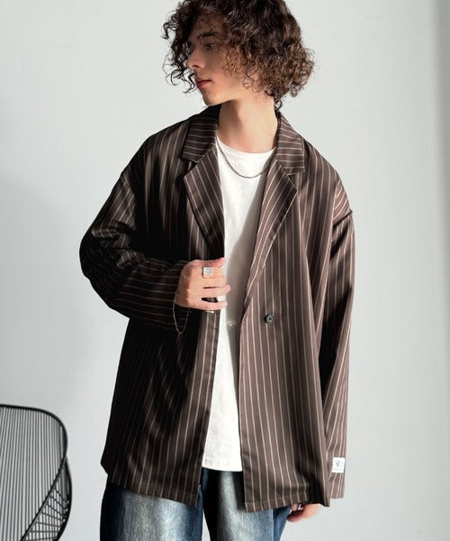 【Classical Origin】「さっと羽織れる。」ストライプ柄ドレープテーラードシャツジャケット／Relaxed Draped Tailored Stripes Shirt Jacket co1150041