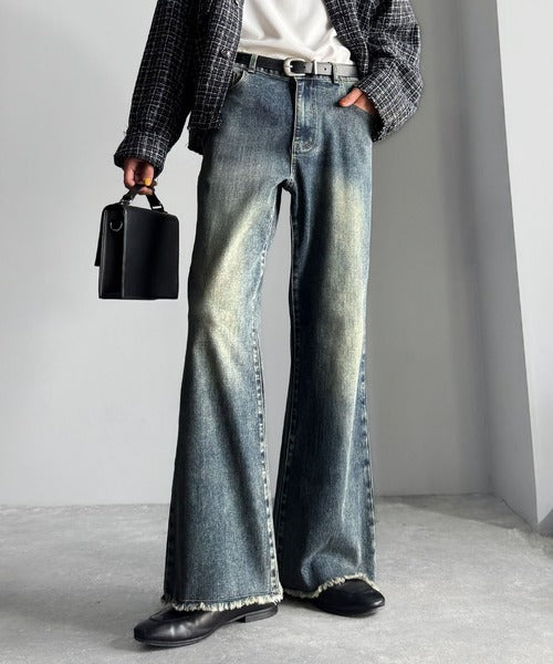 【Classical Origin】「スタイル盛れる。」ブラスト＆裾フリンジ加工ストレッチ素材スリムフレアデニムパンツ／Blasted & Fringed Stretch Slim Flare Denim Pants co0900008