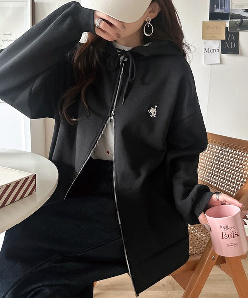 羽織って暖か、さらりと洒落感。胸元ワンポイント刺繍裏起毛ダブルジップパーカー（長袖） ce1260601