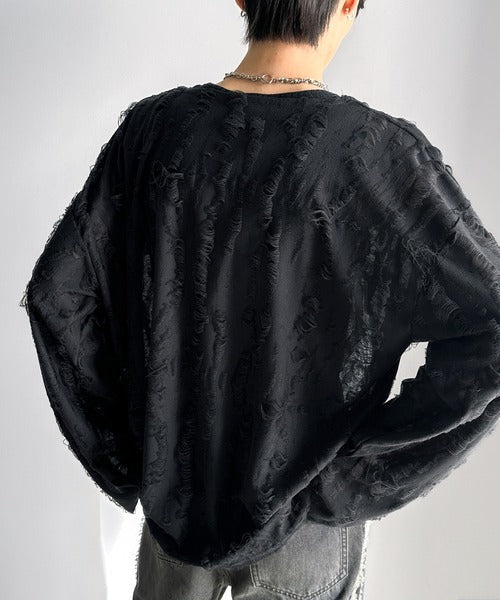 グランジを楽しむ旬スタイル。ダメージ加工ビッグシルエットジャカードカットソーTシャツ（長袖） cm1010420
