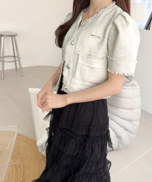 【mily bilet】女性らしさ漂う。ロゴプレート使い半袖ラメ入りツイードジャケット mi1019084