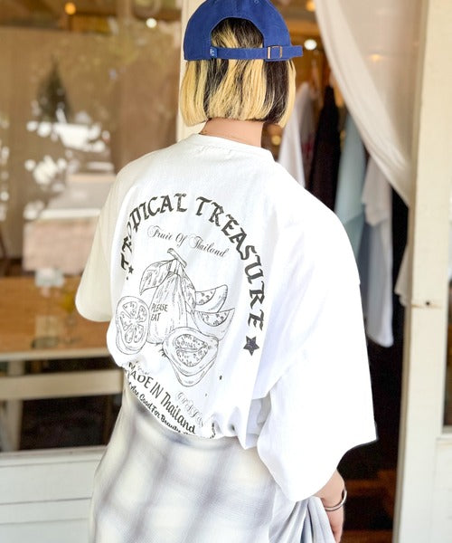 《JaVaジャバコラボ》周りと差がつくアート感。綿100％ タイ☆トロピカルフルーツ柄☆ビッグTシャツ jv1029128