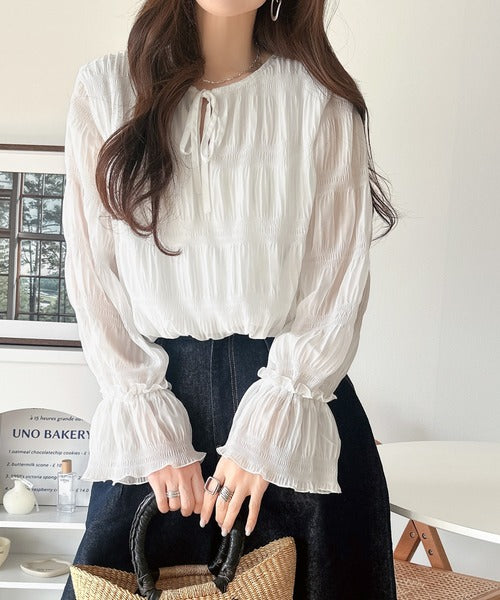 涼やかに、品よく、愛らしく。前後2wayリボンキャンディスリーブシアープリーツブラウス（長袖） ce1010538