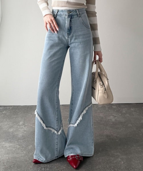【mily bilet】ヴィンテージライクな脚盛れデニム♪ウエスタンライクフリンジダメージフレアジーンズ mi0909010