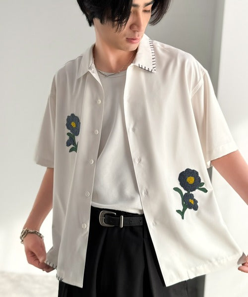【接触冷感機能付き】サガラ刺繍フラワーステッチシャツ／Cool-Touch Fabric Sagara Embroidered Flower Stitch Shirt (半袖) co1320019