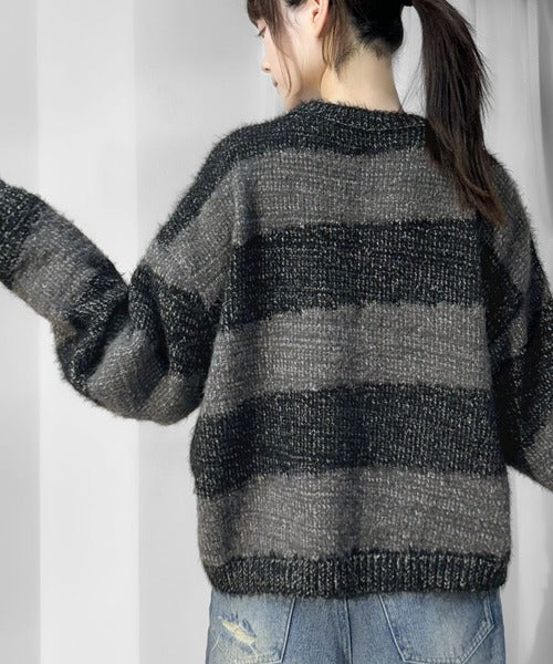 【mily bilet】ふわりミックスカラー。ロゴ刺繍スロープボーダーモールシャギーニット mi1259001