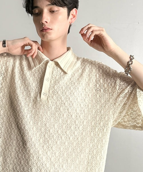 「透け感、モードの余韻。」衿ダブルライン使いレース柄ニットポロシャツ/Lace Detail Knit Polo Shirt co1010010