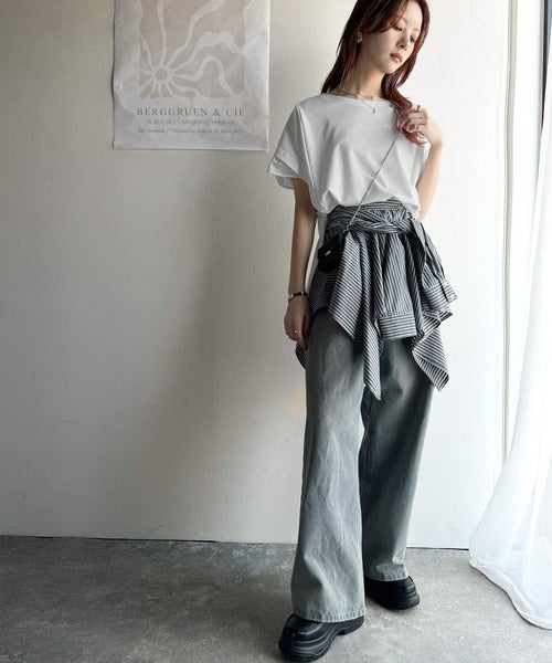 大人の女性を魅力的に引き立てる。袖口シアー切り替え 半袖 Tシャツ ce1110095