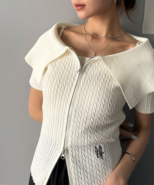 【mily bilet】抜け感レディースタイル。ロゴ刺繍オフショル２WAYダブルジップケーブル柄サマーニット（半袖） mi1029121