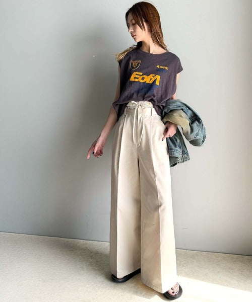 上品なシルエットの優秀パンツ♪Wベルト異素材スラックスワイドパンツ ce0940219