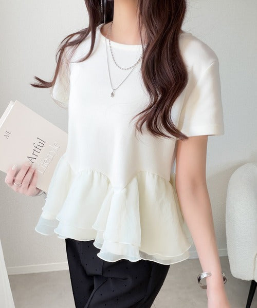【mily bilet】可憐に揺れて、ときめきを纏う♪前後2wayペプラム切替フリルデザインTシャツ（半袖） mi1019140