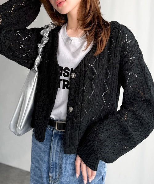 着るたび、雰囲気美人。前後2way格子柄透かし編みショート丈ニットカーディガン（長袖） ce1260448