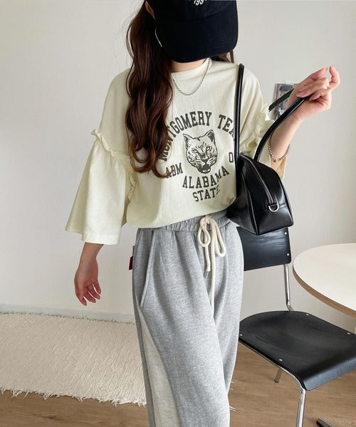 レディなヴィンテージスタイル。綿100％カレッジピグメント袖フリルTシャツ ce1020221