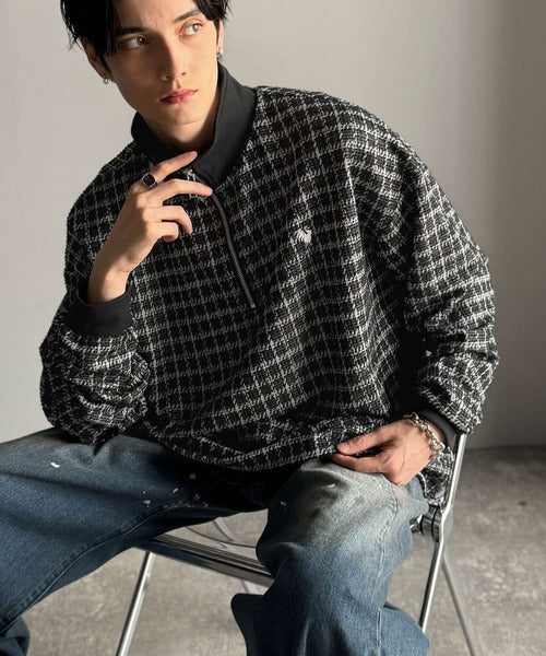 【Classical Origin】「上品カジュアル」。裾ドロスト付きツイード素材ハーフジッププルオーバー（長袖）/Tweed Fabric Drawcord Half-Zip Pullover co1010032