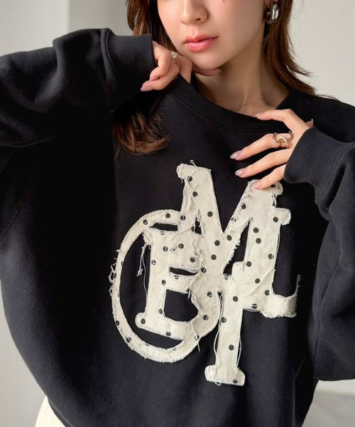 【mily bilet】ラフなシルエットに、遊び心をプラス。デニムフリンジワッペン使い裏毛スウェット(長袖)(ドットあり) mi1329132