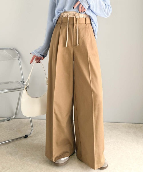 上品なシルエットの優秀パンツ♪Wベルト異素材スラックスワイドパンツ ce0940219