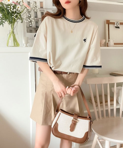 《JaVa ジャバコラボ》大人スポーティー。綿100%シルケット 配色刺繍Tシャツ jv1050074