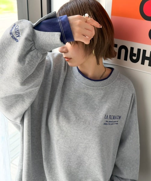 《JaVaジャバコラボ》着るだけでレイヤード上級者！配色刺繍レイヤード風オーバーサイズ裏起毛プルオーバー jv1050390