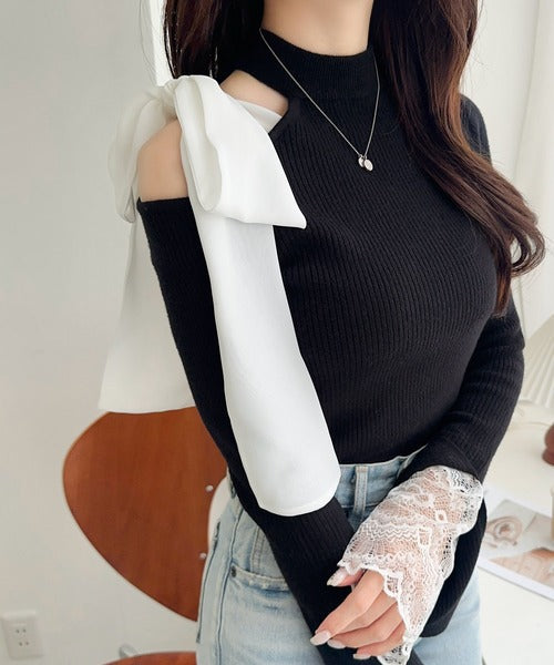 【mily bilet】大人フェミニンの主役トップス。肩シフォンリボン袖レース使いリブニット mi1029170