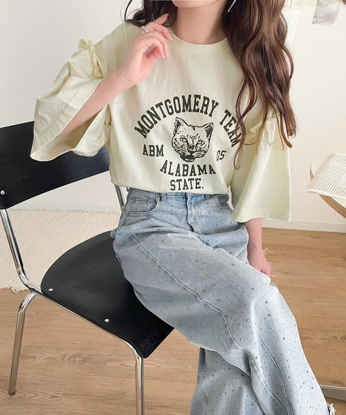 レディなヴィンテージスタイル。綿100％カレッジピグメント袖フリルTシャツ ce1020221