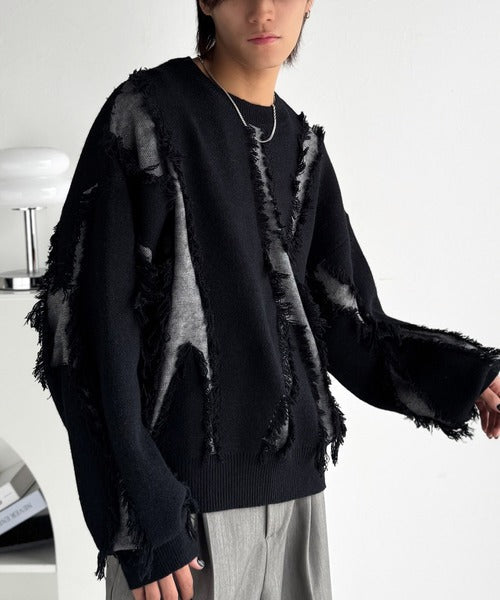 【classical origin】「着るだけで、印象派」。フリンジデザイン配色オーバーサイズニット（長袖）/Fringe design oversized long sleeve knit ao1260444