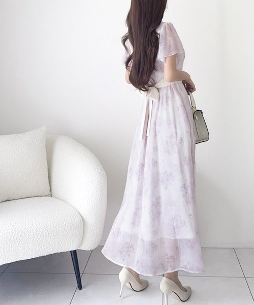 【mily bilet】夏を涼む相棒ワンピ♪水彩フラワーが上品。シアーフローラル バックリボンワンピース (長袖) (ロング) mi1139101