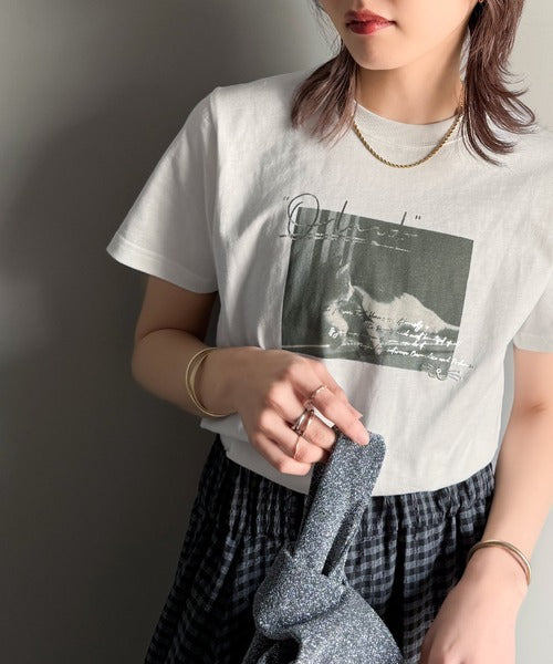 大人が着る高級感のあるカジュアルアイテム。綿100％シルケット風猫フォト箔×刺繍T ce1330015