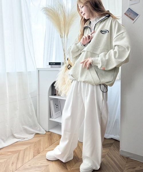 《JaVa ジャバコラボ》レトロライクで大人スポーティーに。ワンポイント刺繍バイカラー裏起毛ハーフジップブルゾン(セットアップ可能) jv1260197