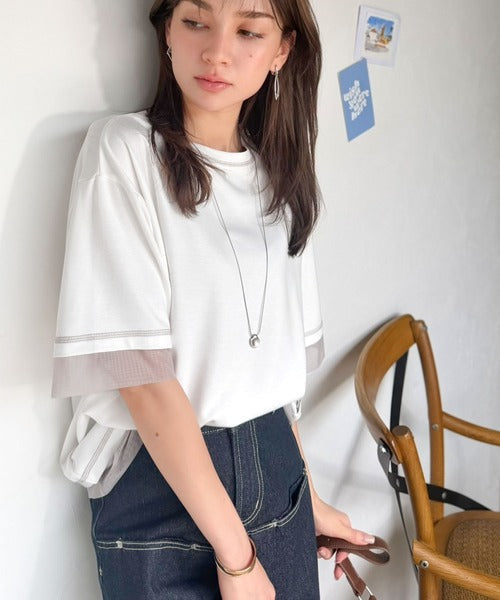 《JaVa ジャバコラボ》異素材ミックスで魅せる、大人のこなれ感。チュールドッキング配色ステッチトップス（半袖） jv1330094