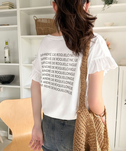 《JaVaジャバコラボ》着るだけで主役級。綿100％バック箔プリント袖フリルTシャツ（半袖） jv1330104