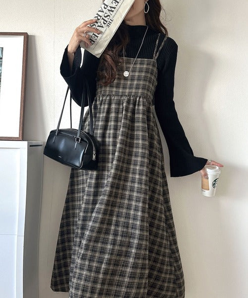 微起毛素材で秋冬にぴったり♪チェック柄ダブルストラップバックリボンキャミワンピ（ロング丈） ce1010526