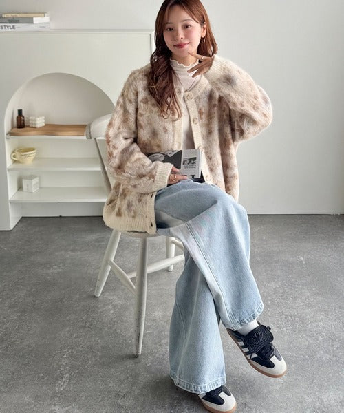 大人可愛いヴィンテージ調。モヘアタッチ前後2wayアンティークラグモチーフ柄ニットカーディガン（長袖） ce1260470
