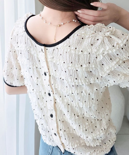 【mily bilet】フレンチシックな装いでドラマチックに彩る。前後2wayフリルドットカーディガン（半袖） mi1029182