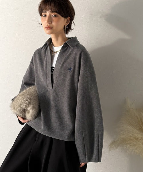 【Classical Evon】優しい温もり、上品見え。圧縮ニット襟付きキーネックプルオーバー ev1110143