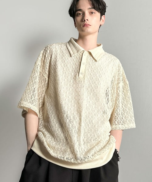 「透け感、モードの余韻。」衿ダブルライン使いレース柄ニットポロシャツ/Lace Detail Knit Polo Shirt co1010010