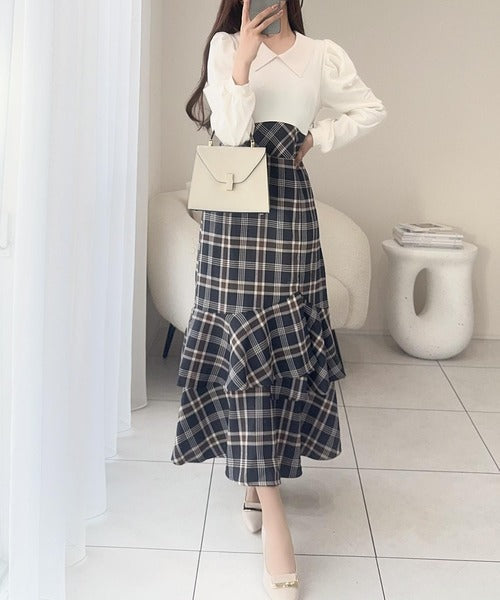 【mily bilet】愛され要素がぎゅっと盛り♪シャツ襟チェックアシメフリルドッキングロングワンピース（長袖） mi1139088