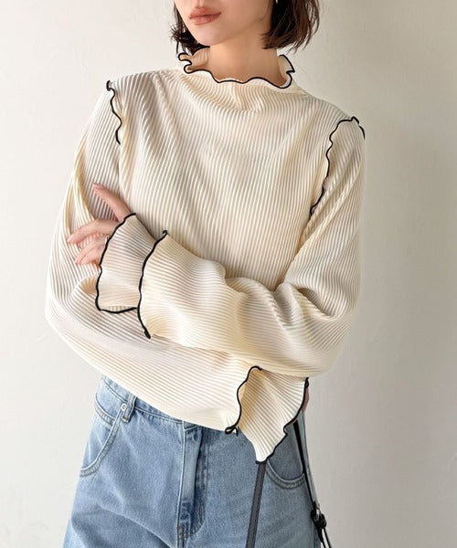 袖のニュアンスで魅せる♪前後2way袖フリル配色メロウプリーツトップス（長袖） ce1330050