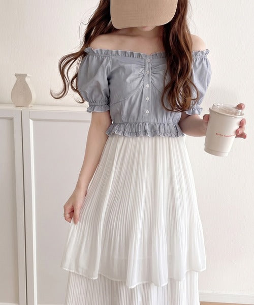 【mily bilet】1枚2役♪レイヤード風の着こなしが完成。2Wayパフスリーブブラウス×プリーツスカートドッキングワンピース (ロング丈) mi1139109