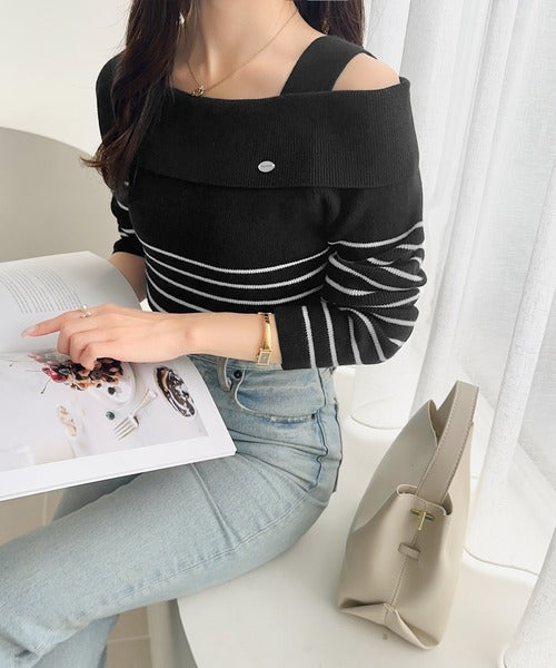 【mily bilet】抜け感たっぷり大人の肌見せ。ワンオフショルアクセントボタンボーダーニット(長袖) mi1259019