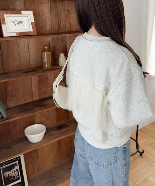 【mily bilet】おしゃれと快適さを同時に叶える。チュール切り替え箔プリント裏起毛スウェット mi1359002