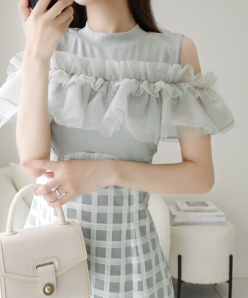 【mily bilet】ときめき、ひとめぼれ。女の子気分をぎゅっと詰めた一枚♪チュールフリルドッキングノースリーブワンピース（ロング丈） mi1019093