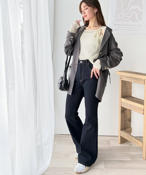 【mily bilet】大人かわいい肌見せを叶える。プレートデザイン前後2WAYメッシュ編み肩リボンニットプルオーバー（長袖） mi1259014