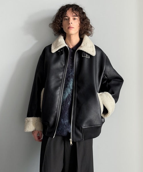 【Classical Origin】「ずっしりかっこいい。」2way襟ボア切り替えフェイクレザージャケット／2way Boa Collar Faux Leather Jacket co1150081