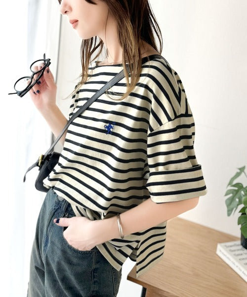 【sustaina+】ラフにキマる大人スタイル。オーガニックコットン100%オーバーサイズパネルボーダーTシャツ(半袖) ce1260324