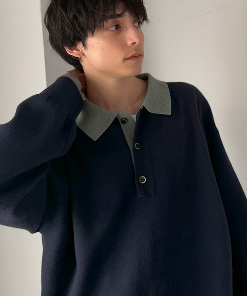 《JaVaジャバコラボ》襟元で差をつける、大人の装い。ミラノリブ配色ニットポロシャツ jo1020005