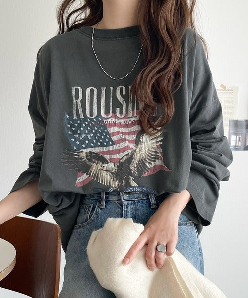 《JaVaジャバコラボ》ゆるっとカジュアルに着こなす。綿100%ピグメント加工グラフィックプリントTシャツ（長袖） jv1050407