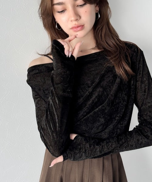 【mily bilet】一歩先のオシャレにアップデート！クラッシュベロアワンオフショルドレーププルオーバー（サムホール付き） mi1269007