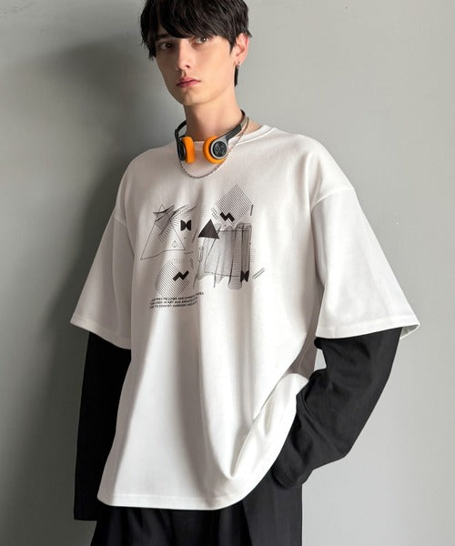【Classical Origin】幾何学柄ポンチ素材レイヤードTシャツ(長袖)／Geometric Pattern Ponte Layered T-Shirt co1150050